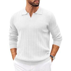 Men's Polo Sweaters Long Sleeve V Neck Knit Casual Pullover Sweater White